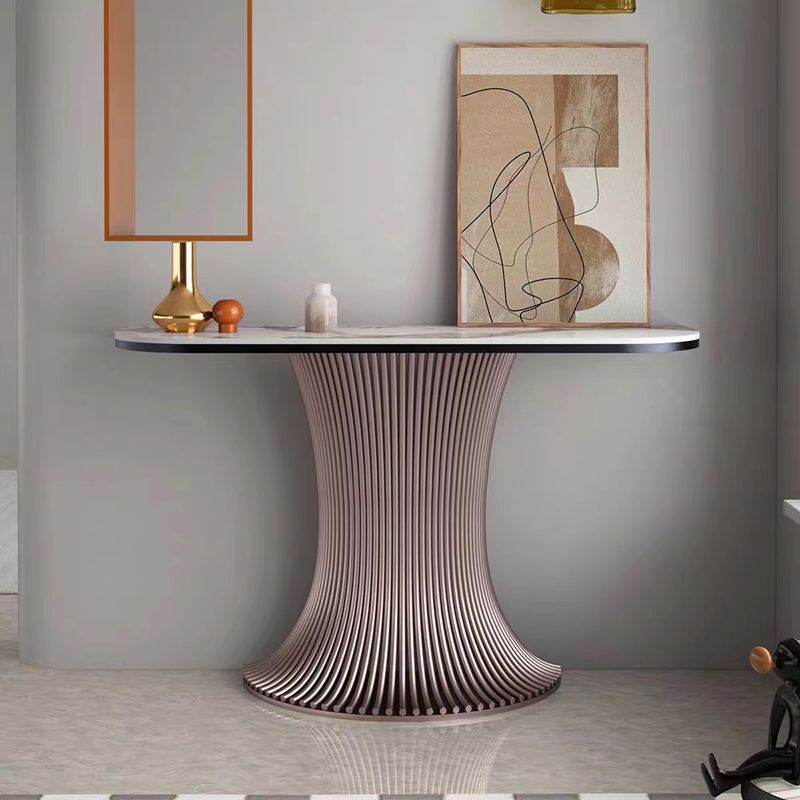 Contemporary Stone Accent Table Half Moon Pink Sofa Console Table for Hall