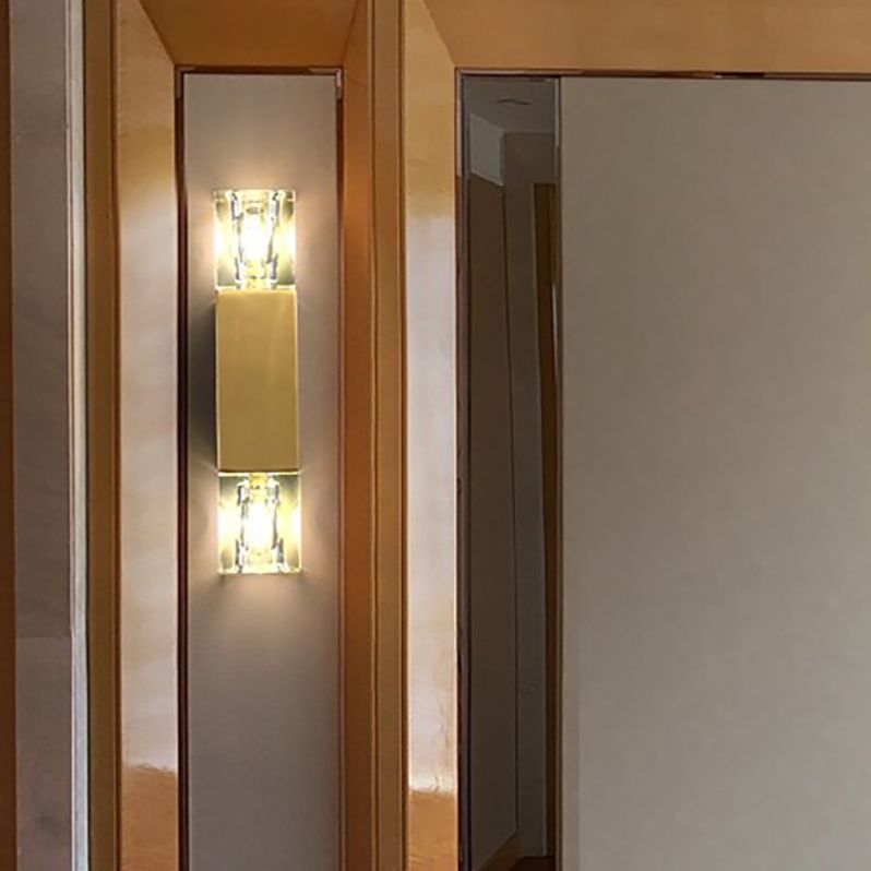 Modern Brass Wall Light Cuboid 12.5" High Wall Sconce with Crystal for Living Room