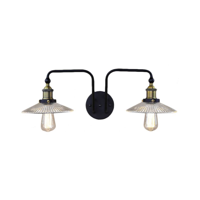 Kegel Wohnzimmer Wandleuchte Industrial Rippenglas 2 Licht schwarze Leuchte für Schlafzimmer