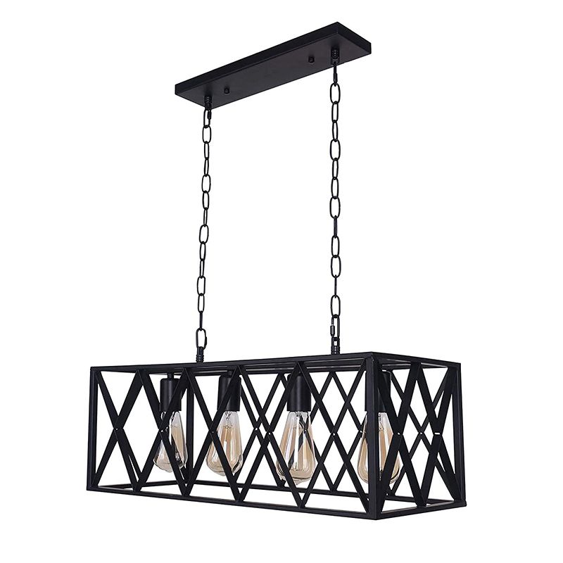Luz colgante de isla rectangular negra en estilo creativo industrial Luz de techo de hierro forjado para comedor