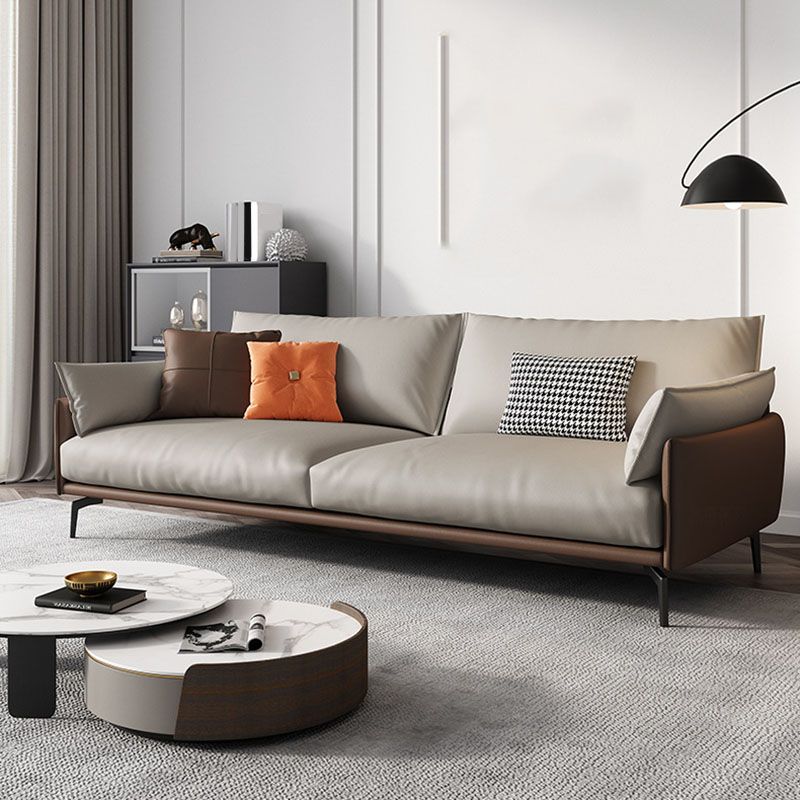 Pillow Top Arm Sofa Modern Leather Sofa in Brown with Metal Legs