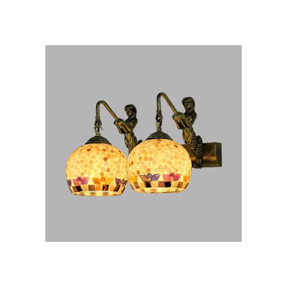 Mosaic Shell Sconce Light Fixture Mediterranean 2 Lights Beige/White-Yellow/Yellow-Blue Wall Mounted Light for Bathroom