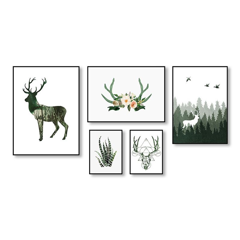 Wild Reindeer Canvas Print Multi-Piece Children's Art House Interior Wall Decor in Green