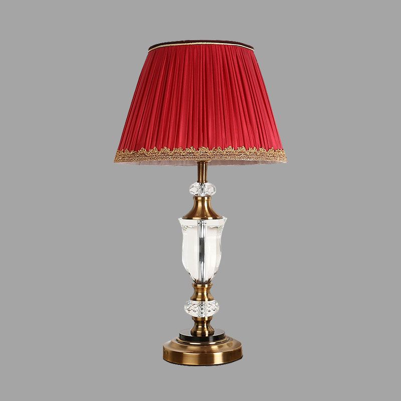 Red Single Head Night Table Light Countryside Crystal Tapered Nightstand Lamp for Bedroom