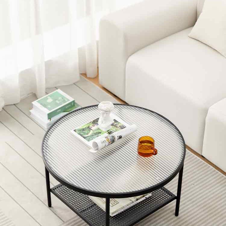 Modern 17.7"H Round Glass Cocktail Table Iron 4 Legs Coffee Table with Shelf