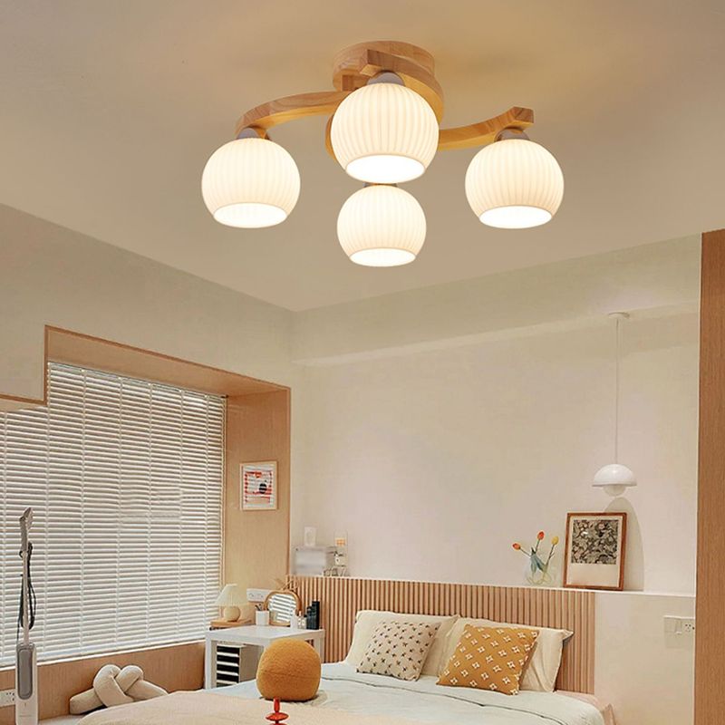 Modern Style Ceiling Mount Light Wooden Spherical with Glass Shade for Bedroom