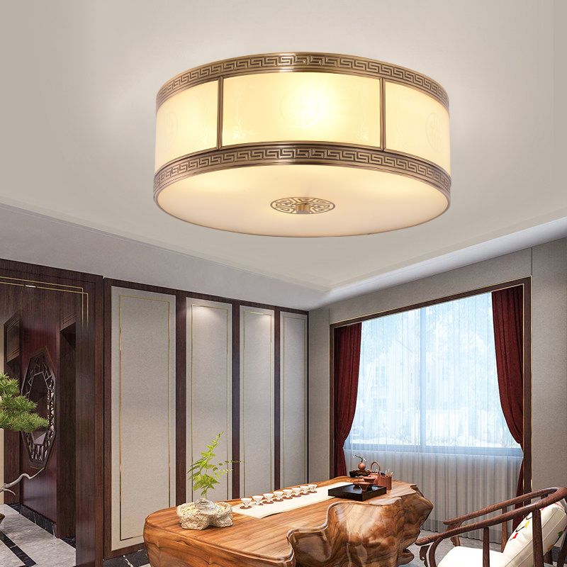 Traditional Copper Flush Ceiling Light Bedroom Flush Mount Lamp with Glass Shade