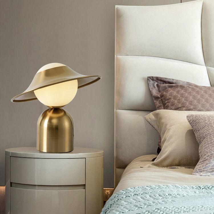 Gold Hat Shaped Table Light Postmodern Style 1 Bulb White Glass Night Stand Lamp