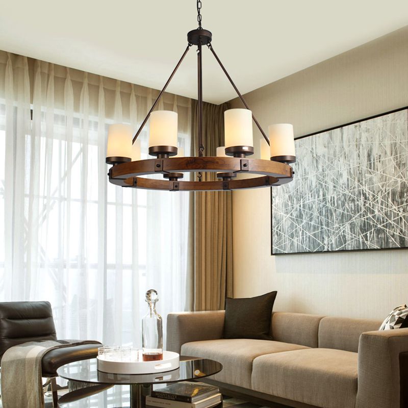 Round Solid Wood Rustic Style Chandelier Cylindrical White Glass Shade Dining Room Lighting Fixture