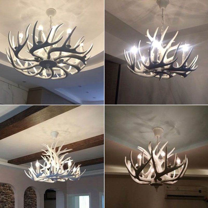 Resin Antler Chandelier Light Retro Style Living Room Pendant Light Fixture in White