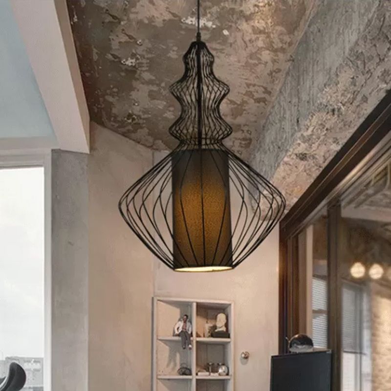 Gourd Shaped Iron Pendant Lighting Retro 1 Bulb Dining Room Ceiling Hanging Lantern with Fabric Shade Inside in Black