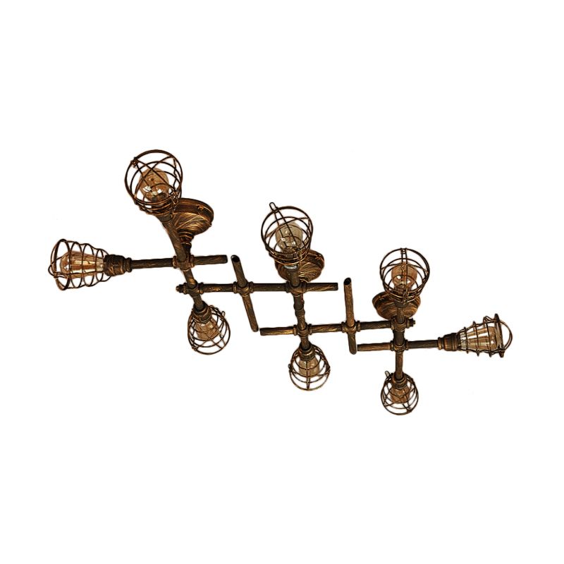 Industrial Intersecting Piping Ceiling Light 4/5/8 Heads Iron Semi Flush Mounted Light with Cage Guard in Brass