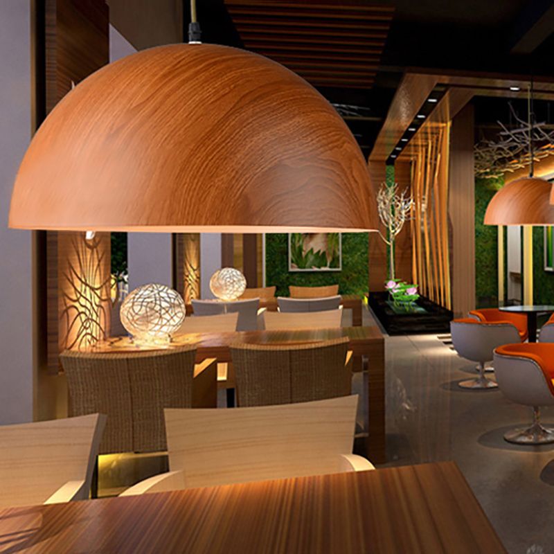 Aluminum Domed Pendant Lighting Contemporary 1 Head Balcony Suspension Light with Wood Design in Dark Brown/Light Brown