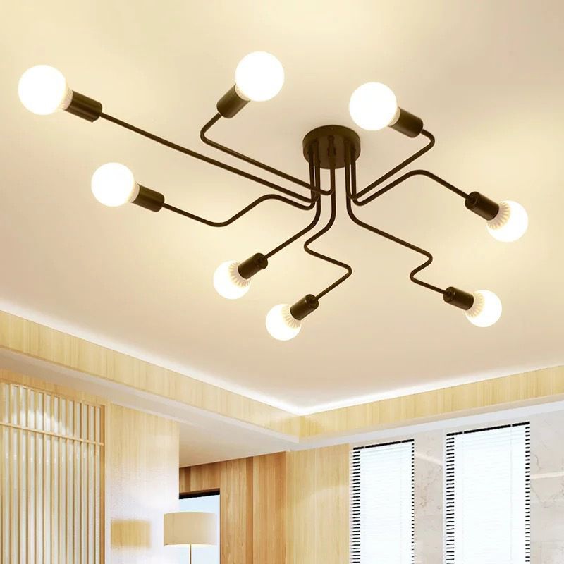 Black Bare Bulb Ceiling Lighting Retro Iron Angled Tangle Semi Flush Mount Lighting for Living Room