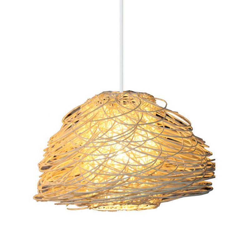 1 Bulb Tearoom Hanging Lamp Asian White Pendant Light Fixture with Domed Rattan Shade