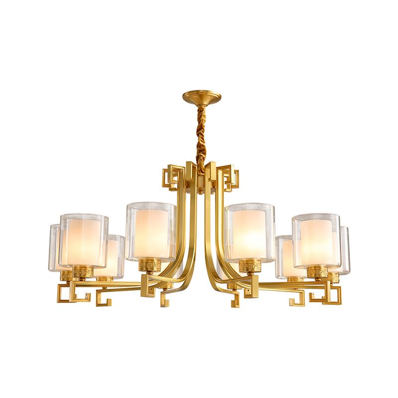 2-Layered Glass Chandelier Antique Style Restaurant Suspension Pendant Light in Brass
