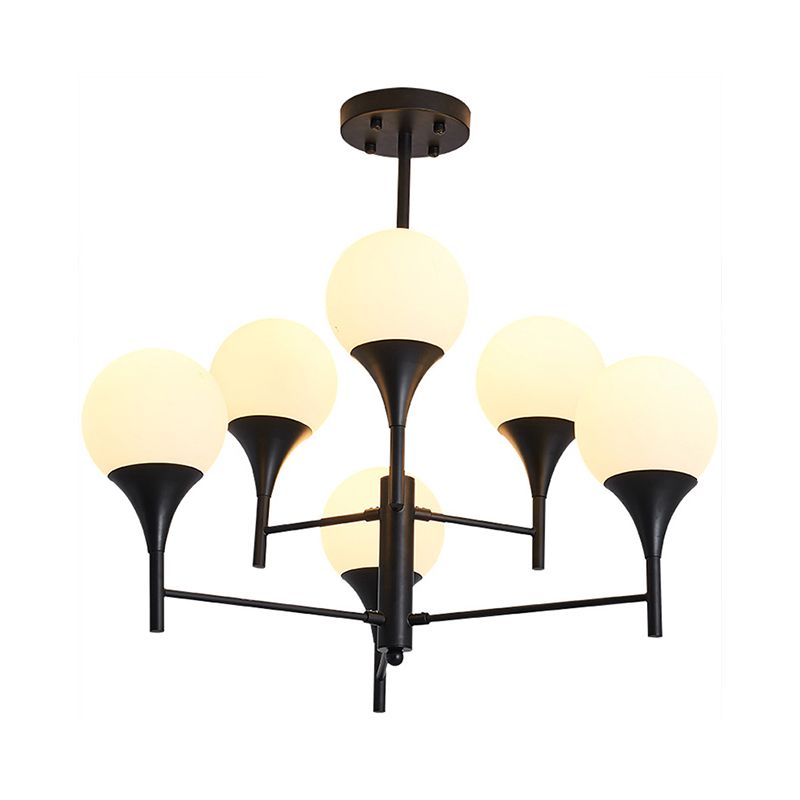 Sphere White Glass Hanging Lighting Contemporary 6 Lights Black Chandelier Lamp for Living Room