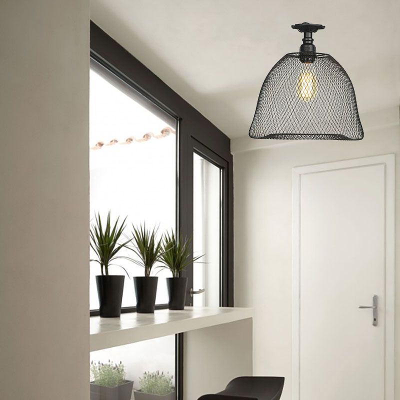 1 Bulb Saucer/Barrel Semi Flush Light Industrial Stylish Black Finish Metal Ceiling Mounted Light with Mesh Screen