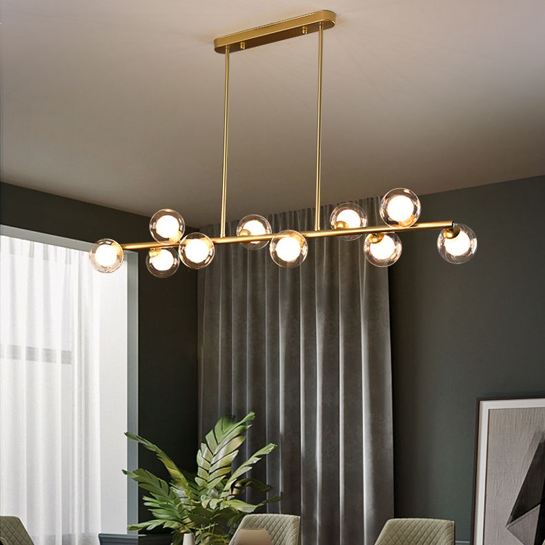 Modern Metal Ceiling Light Linear Shape Island Light with Glass Shade in Black and Gold