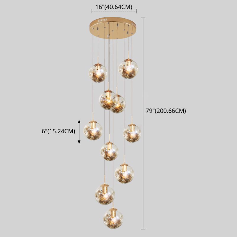 Spherical 10-Light Pendant Modern Cognac Glass Stairway Multiple Hanging Lamp with Shatter Flower Inside