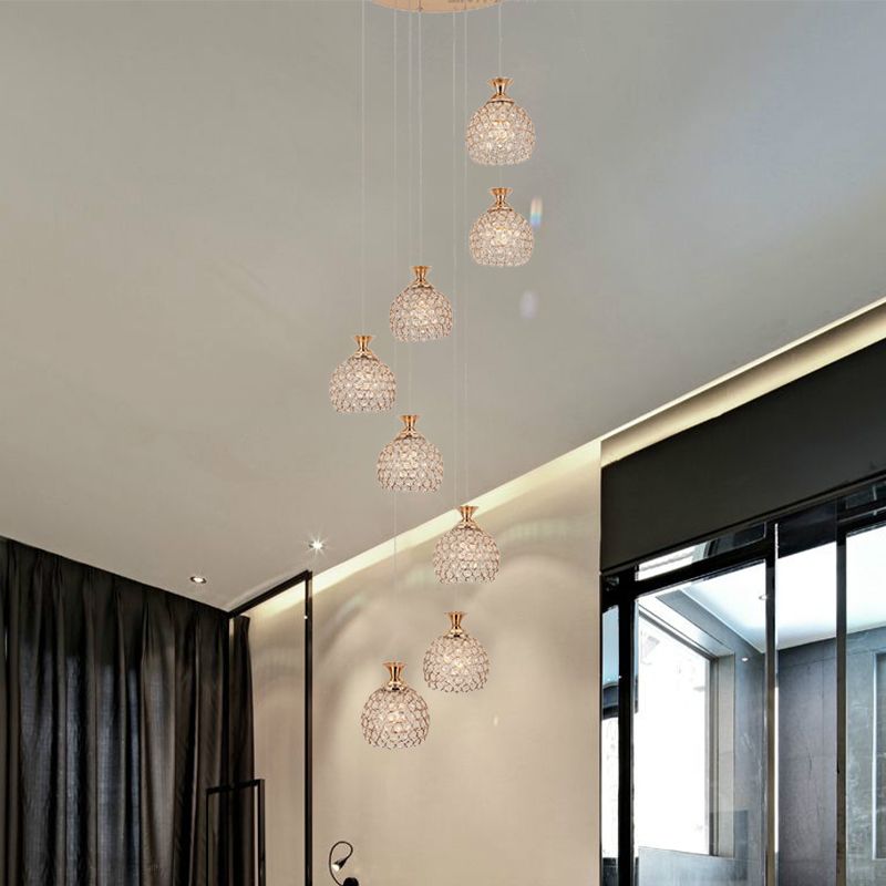 Brass 8 Heads Suspension Lighting Modernism Crystal Dome Shade Cluster Pendant Lamp