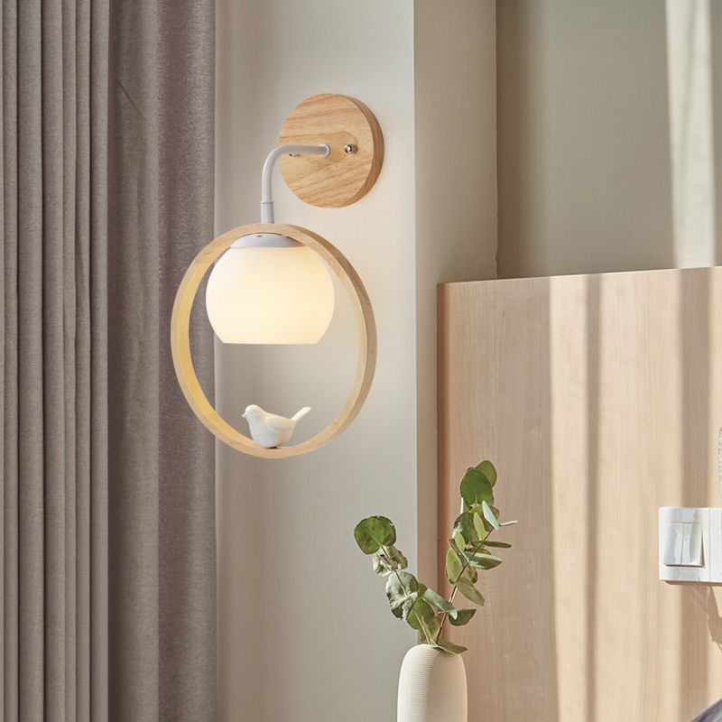 Moderner Stil rund geformte Wandlampe Holz 1 Leichte Wandbeleuchtung mit Glasschatten