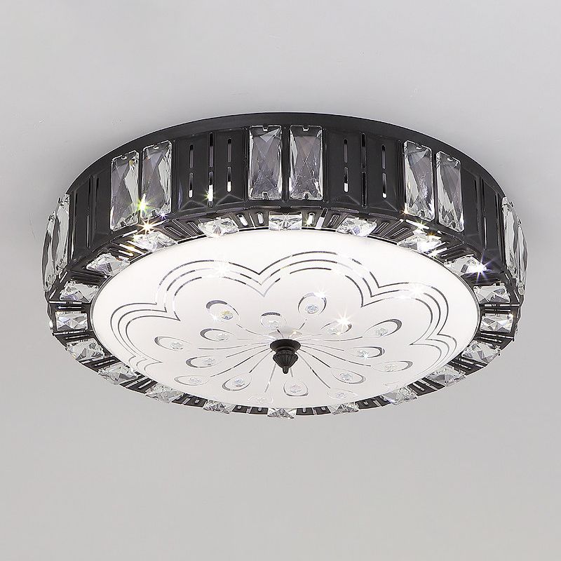Black Drum Flush Mount Lighting Modernist Metal LED Bedroom Flush Lamp with Crystal Accent
