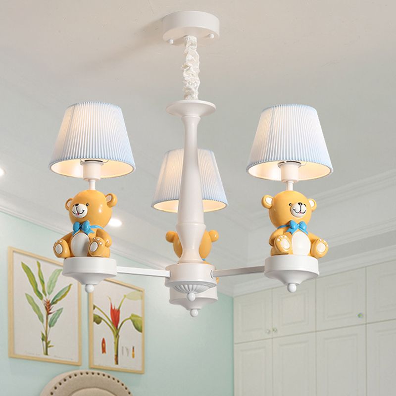 Pleated Fabric Tapered Chandelier Cartoon 3/5-Bulb White Hanging Lamp with Bear Decoration