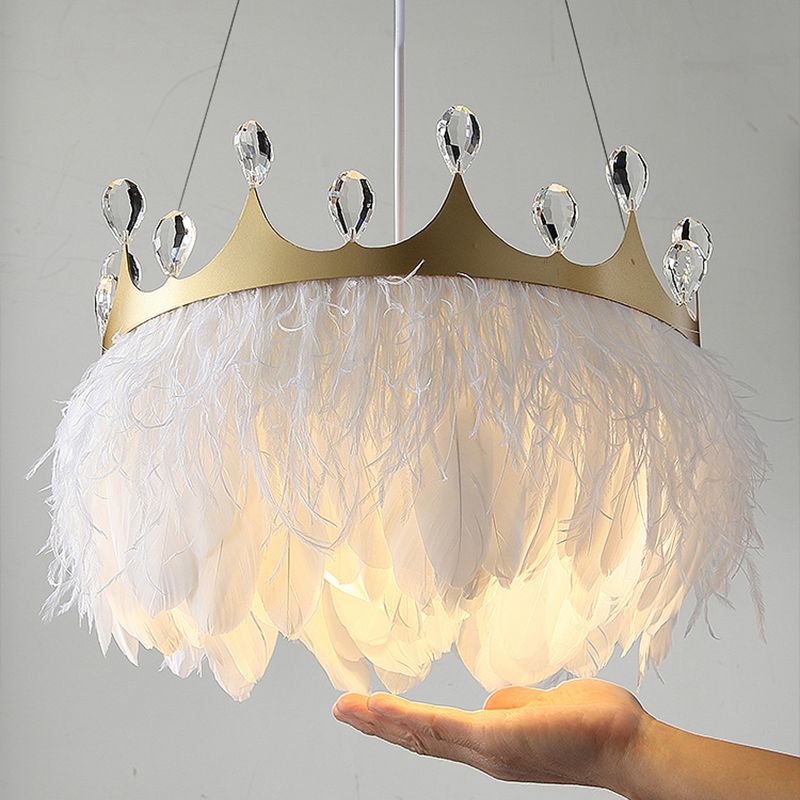 Crown Child Room Chandelier Lamp Feather 1 Bulb Minimalist Pendant Lighting in White with Crystal Accents