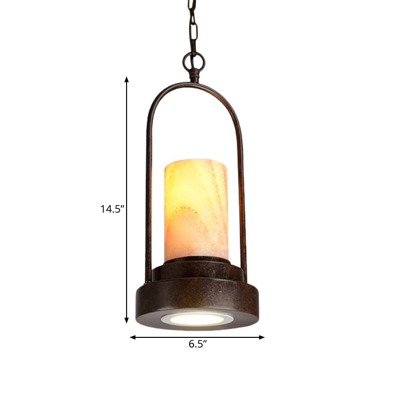 Marble Cylinder Pendant Lamp Factory 1-Bulb Dining Room Hanging Lighting in Rust with Metal Ring Deco