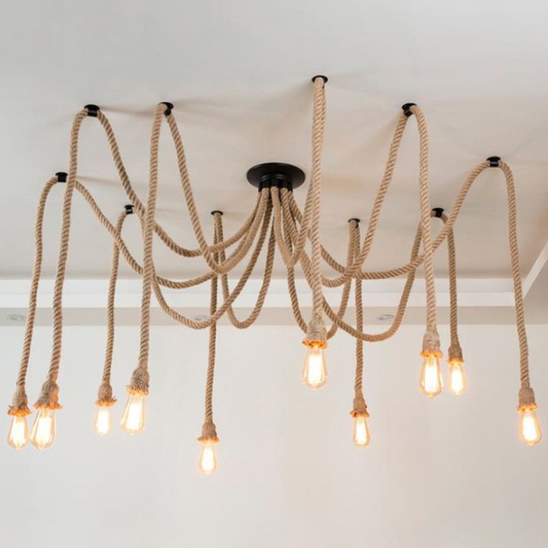 Hemp Rope Spider Suspension Light Rustic Restaurant Chandelier Lighting in Flaxen