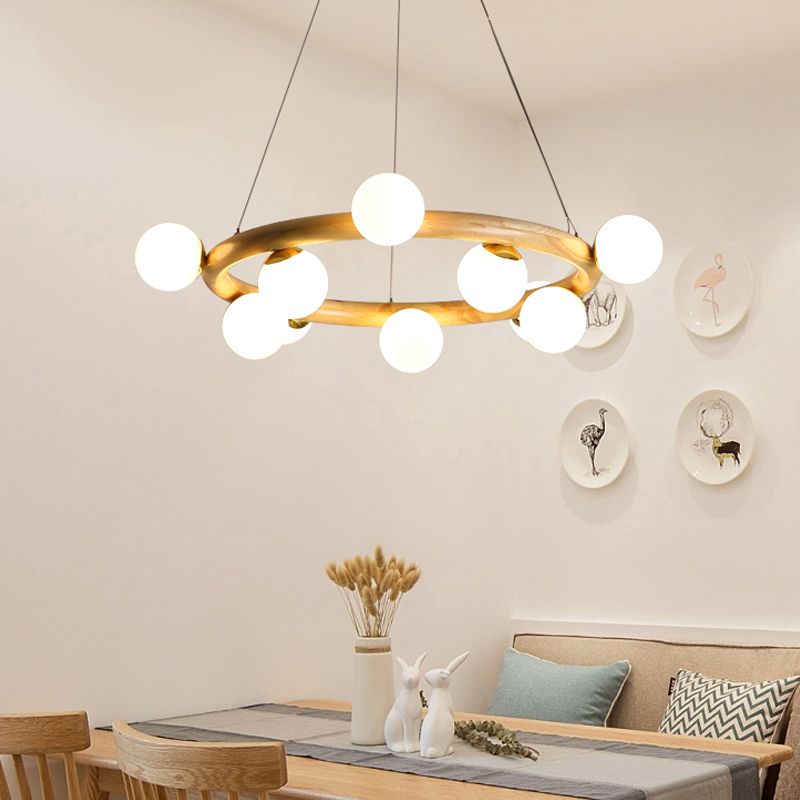 Modern Creative Chandelier Wooden Globe Pendant Light with White Glass Shade