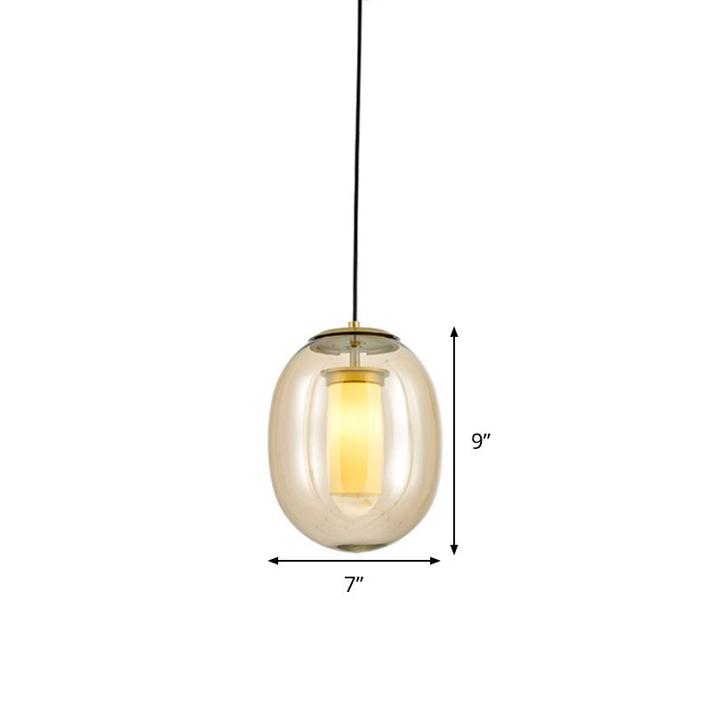 Luz de techo colgante ovalado de vidrio ámbar contemporáneo 1 cabeza 7 "/8.5" kit de lámpara colgante de oro