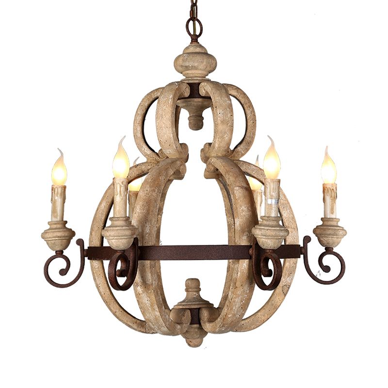6-Light Chandelier Light Antique Living Room Suspension Pendant with Candle Wood in Beige