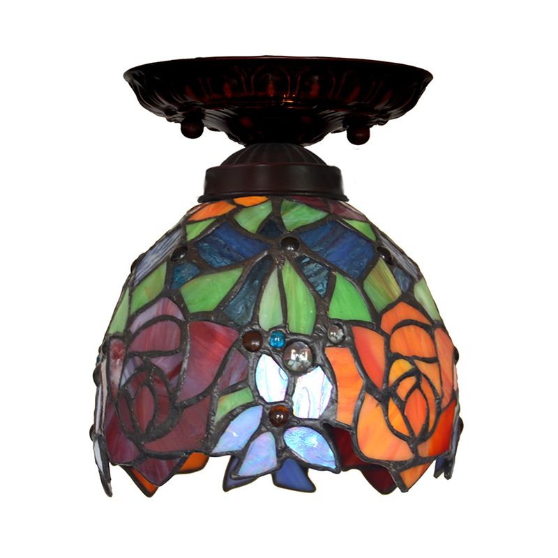 Victorian Domed Ceiling Mounted Light 1 Light Red/Pink/Orange Stained Glass Flushmount for Corridor