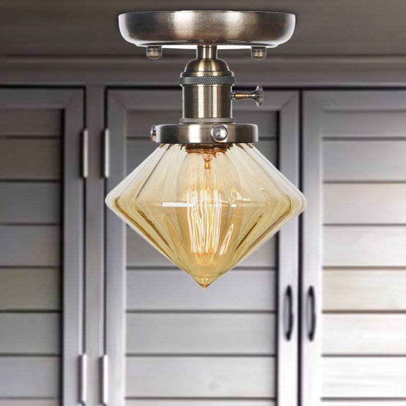 1 Light Ceiling Lighting Industrial Cone/Bell/Rhombus Clear/Amber Glass Semi Flush Mount Light in Bronze