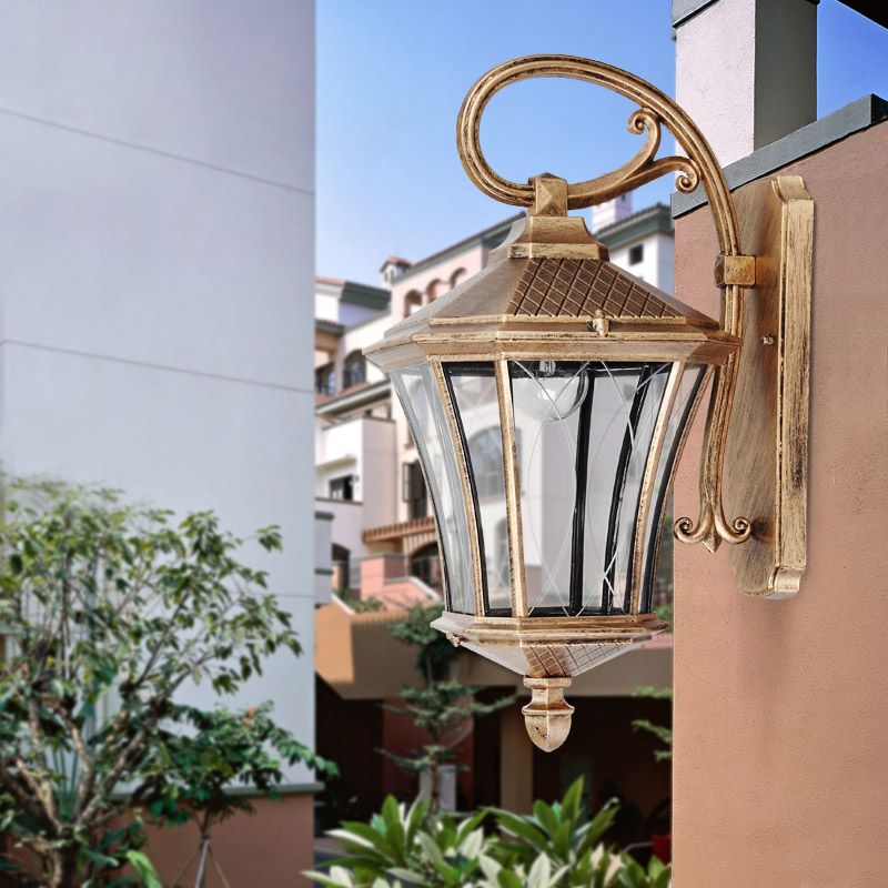 1 Bulb Wall Light Sconce Classic Lantern Clear Glass Wall Mount Lamp in Bronze with Swooping Arm