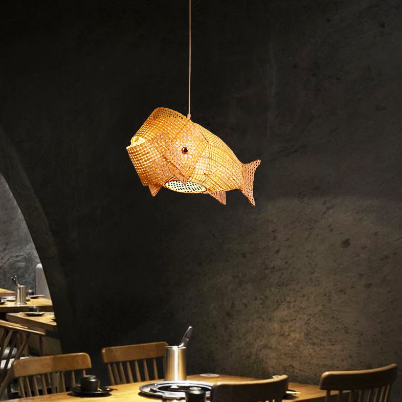 27.5" Wide Japanese Style Carp Hanging Light Bamboo Weaving Creative 1-Light Pendant for Restaurant