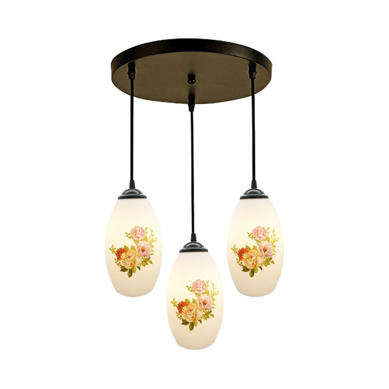 Minimalism Oval Multi Lamp Pendant 3 Heads White Frosted Glass Suspension Light in Black with Linear/Round Canopy