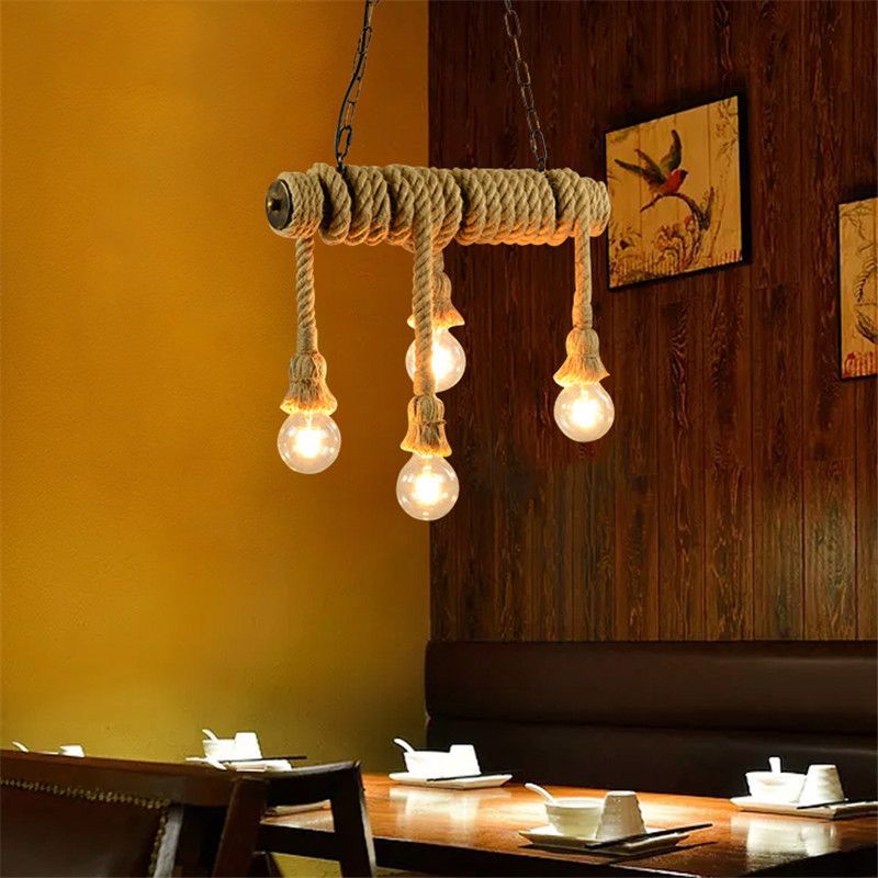 Open Bulb Dining Room Island Lamp Rope 4 Lights Industrial Style Hanging Island Light in Beige