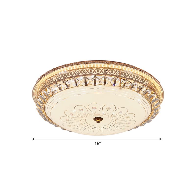 16"/19.5" W Round Flush Mount Light Bedroom Opal Glass LED Modern Flush Ceiling Light with Crystal Accent in Gold