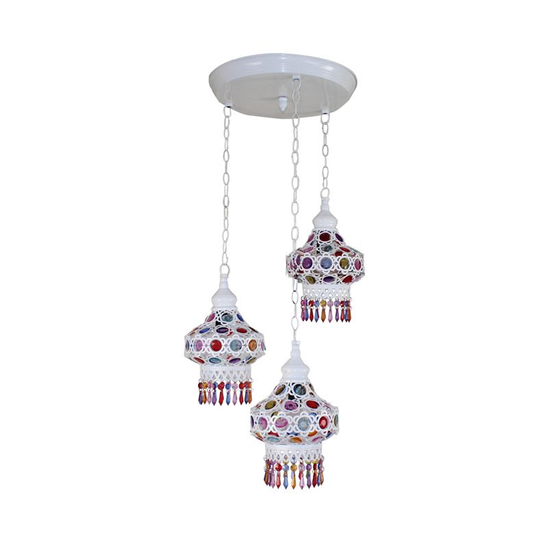 Metal Red/Blue Cluster Pendant Light Lantern 3 Heads Bohemian Ceiling Lamp with Round/Linear Canopy