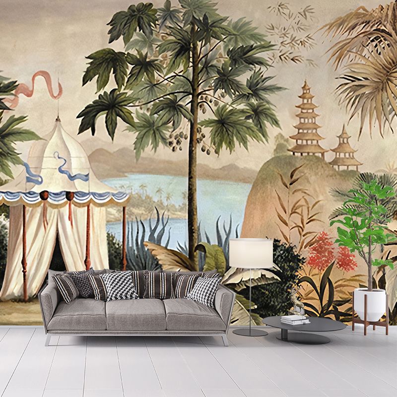 Green and White Jungle Wall Murals Moisture Resistant Wall Covering for Drawing Room