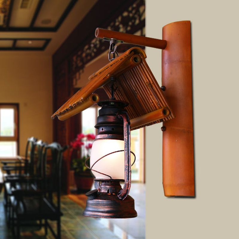Copper 1 Light Wall Light Fixture Warehouse Frosted Glass Kerosene Sconce Lamp with Bamboo Roof Deco