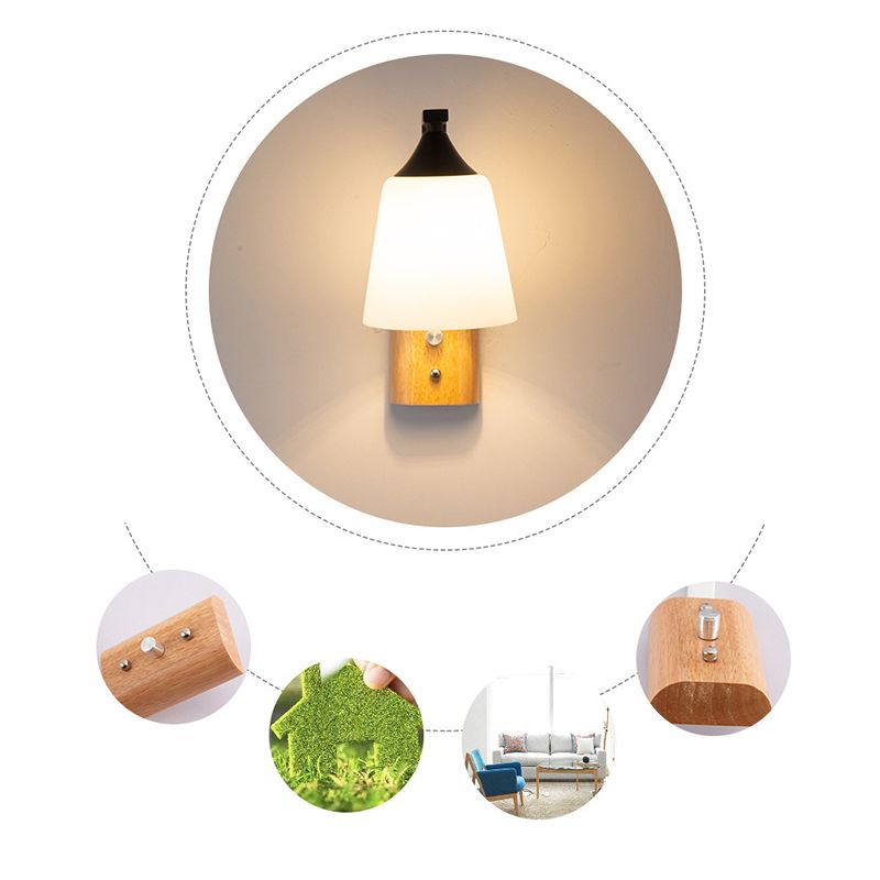 Modern Creative Dome Wall Lamp Wooden 1-Light Wall Sconce with White Glass Shade