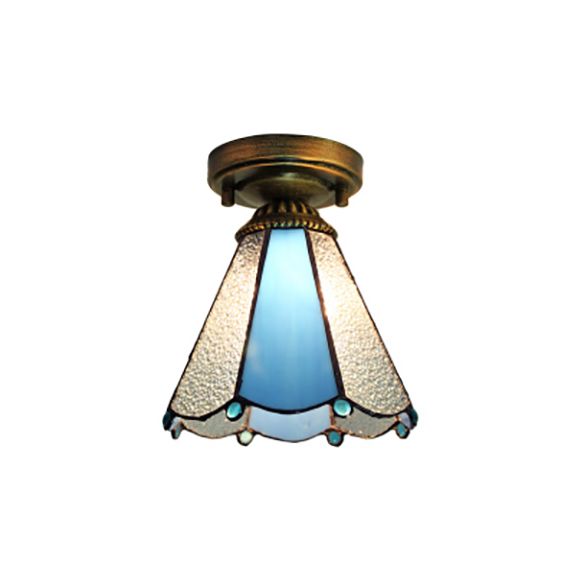 Dôme en vitrail luminaire avec triangle / bleu carré / feuille bleue / carré / diamant bleu / diamant Parlern 1 clair Méditerranéen Flushmount en laiton finition