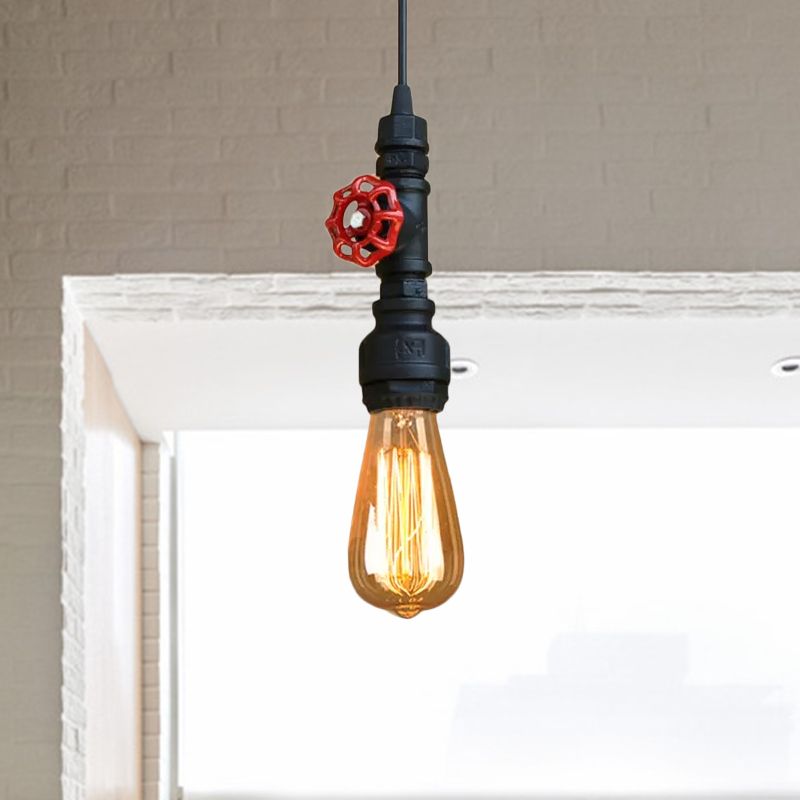 Farmhouse Style Pipe Hanging Lamp 1 Bulb Wrought Iron Hanging Light Fixture with Red Valve in Black/Silver/Brass
