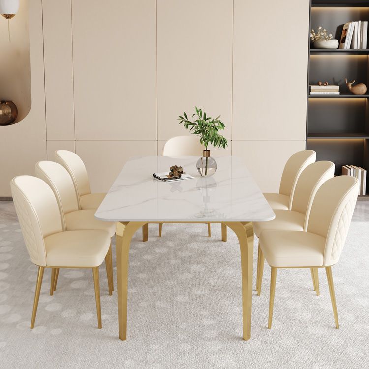 Glam Style Dinner Table Rectangle Stone Dining Room Table in White