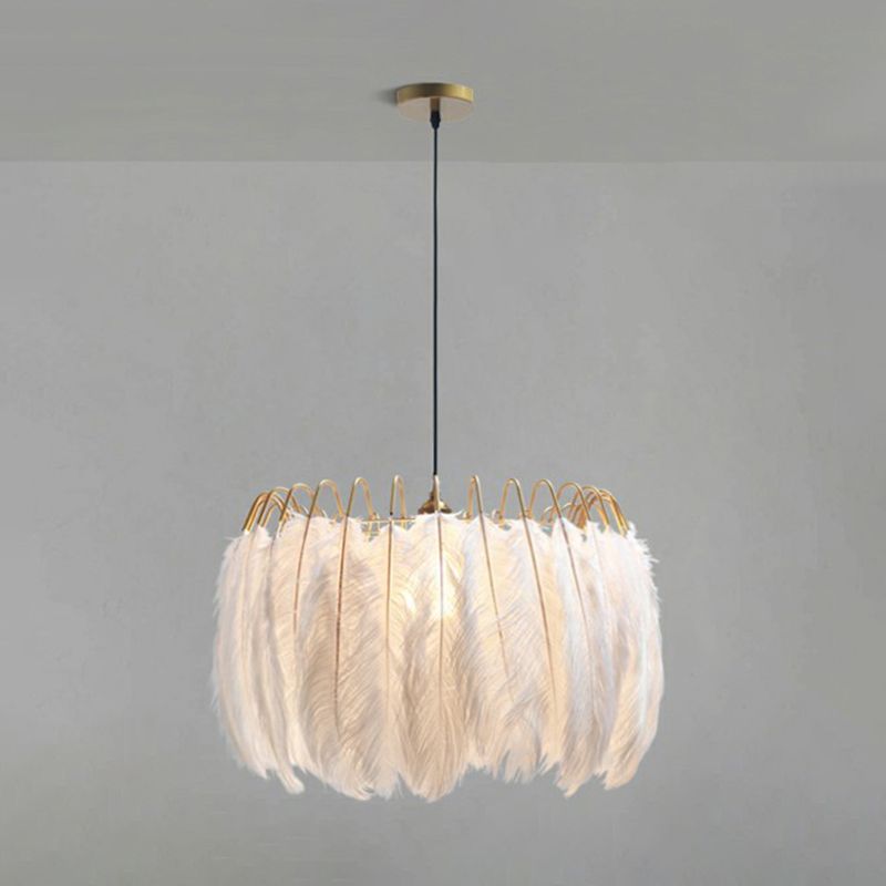 Round Shaped Feather Ceiling Light Modern Style White Hanging Pendant Light for Living Room