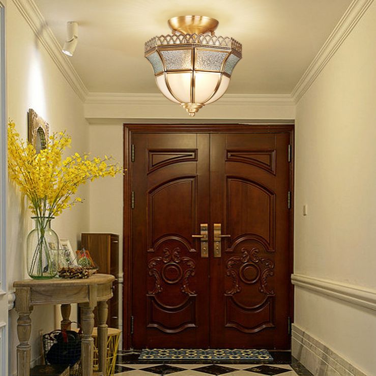 Schoolhouse Aisle Close to Ceiling Lighting Vintage Glass Brass Semi Flush Light